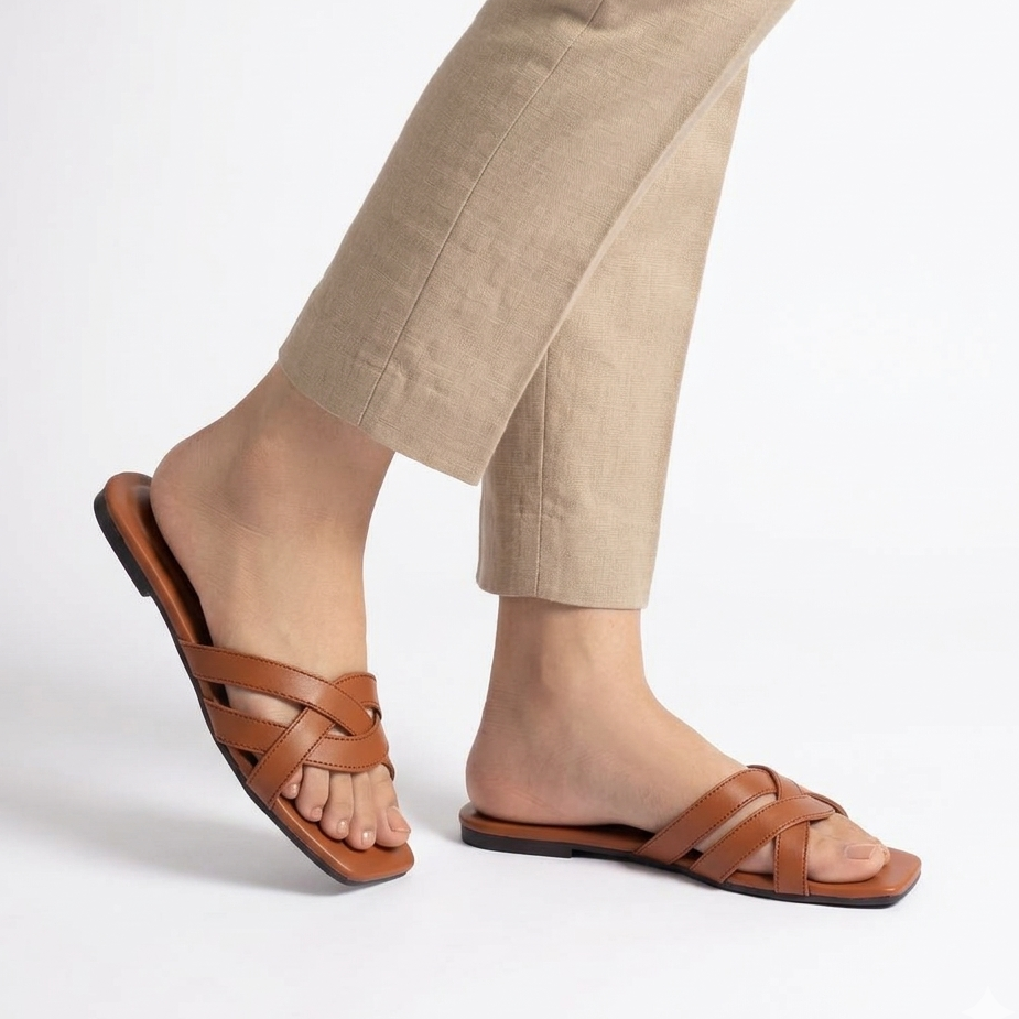 Mustard Women Rexine Cross Strap Slippers